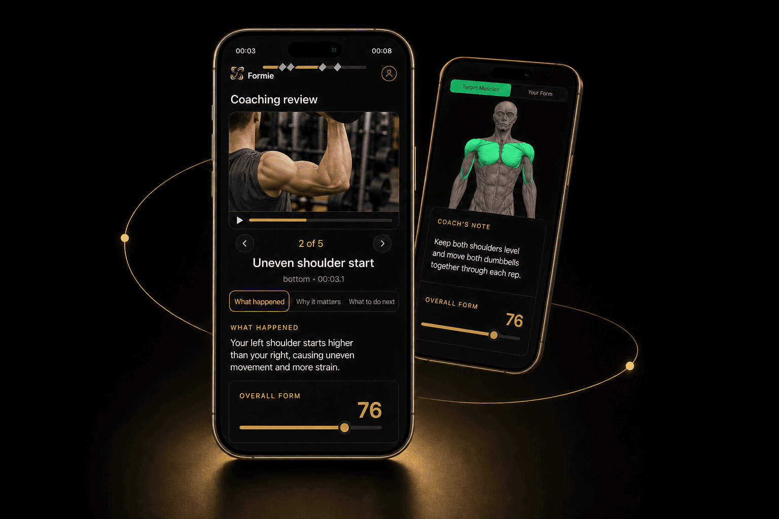 Formie coaching review with recorded exercise video, correction carousel, muscle map, coach note, and score