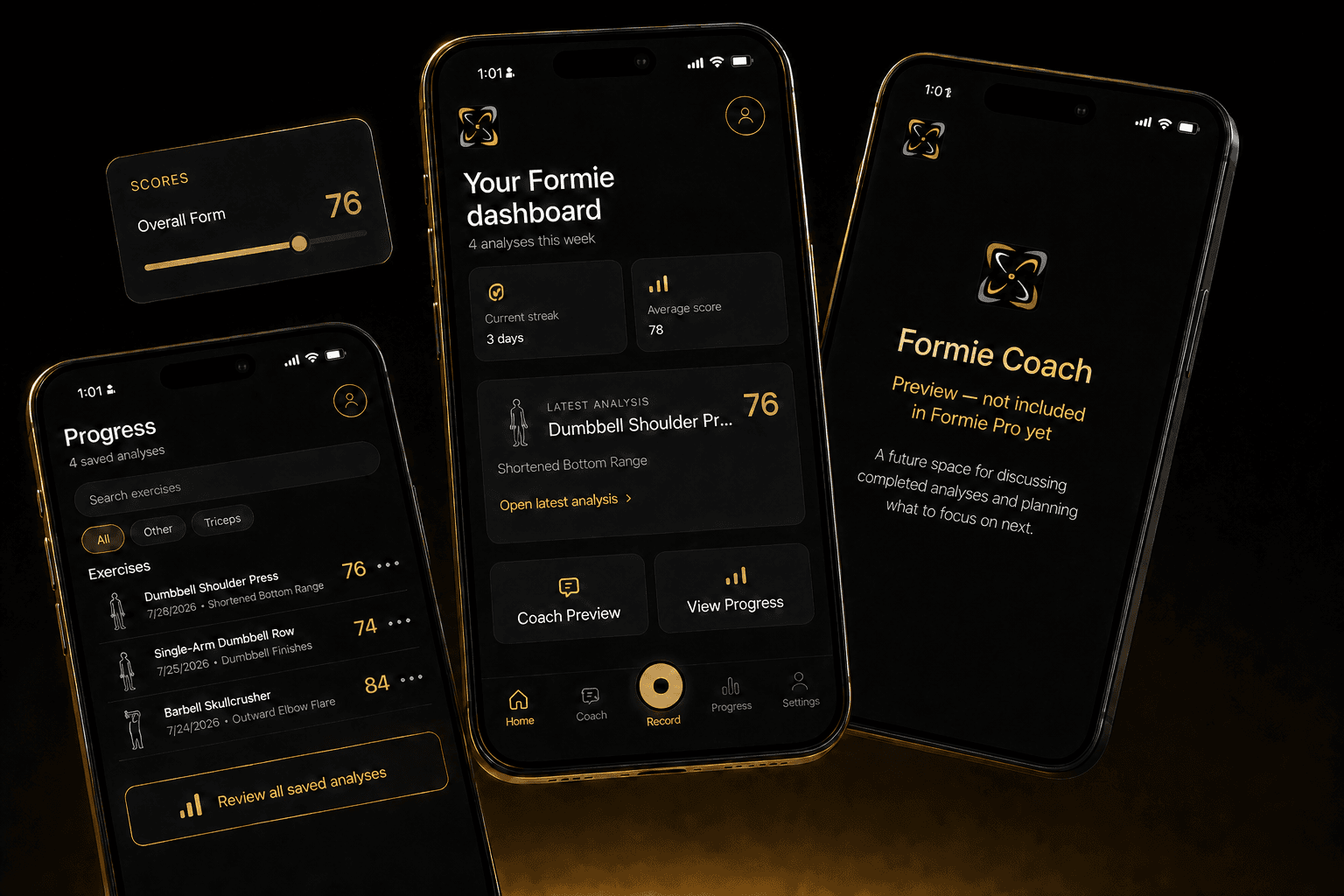 Formie dashboard, saved analyses, progress, and a clearly labeled Formie Coach preview